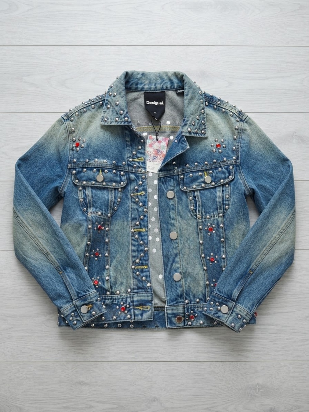 Desigual Studded & Gemstone Distressed Denim Jacket Size XS NWT 435.00 value